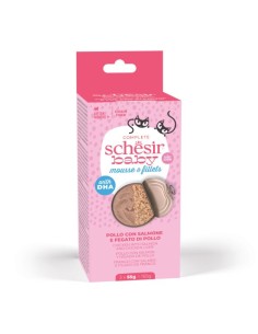 Schesir Baby Multipack Mousse and Filet Pollo /Salmone Mousse+Filetti in Brodo. Cibo per cuccioli di gatto