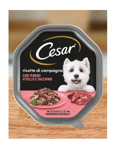 Cesar Ricette Di Campagna Con Tenero Vitello e Tacchino gr 150.Cibo Umido Per Cani