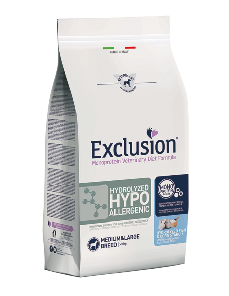 Exclusion Hydrolyzed Hypoallergenic M/L Pesce & Amido di Mais kg.12. Diete -Cibo Secco Per Cani