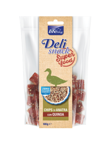 LIFE dog Delisnack Superfood Chips di Anatra con Quinoa gr.100. Snack Per Cani.