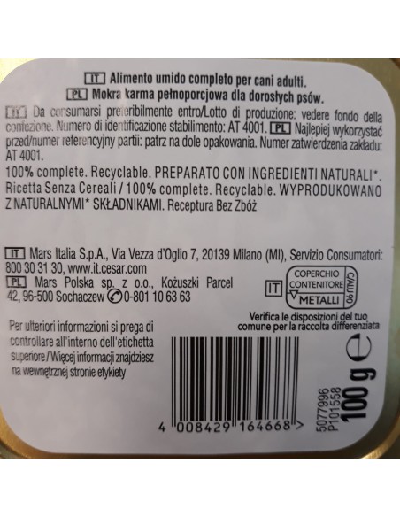 Cesar natural Goodness Bio  con Pesce Piselli e Carote Gr.100. Cibo Umido Per Cani