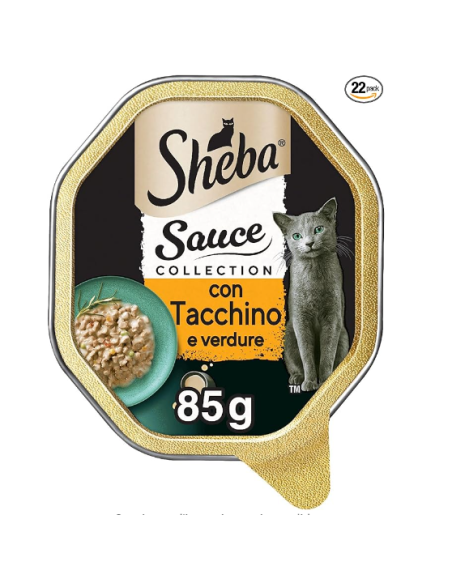 sheba tacchino e verdure in salsa delicata linea creazioni speciali in salsa. alimento completo umido per gatti adulti