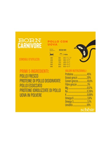 SCHESIR Born Carnivore Pollo & Uovo Gr.255-Cibo secco per gatti .