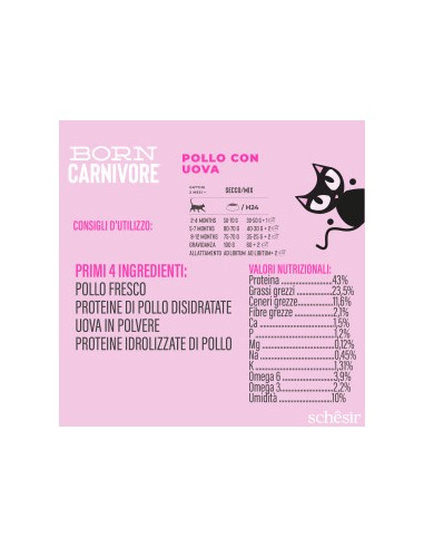 Schesir  Born Carnivore Baby Pollo e Uova Gr.255. Cibo Secco per Gatti.