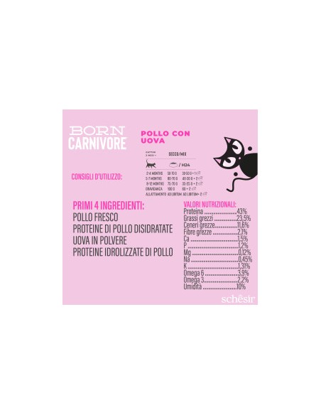 Schesir  Born Carnivore Baby Pollo e Uova Gr.255. Cibo Secco per Gatti.