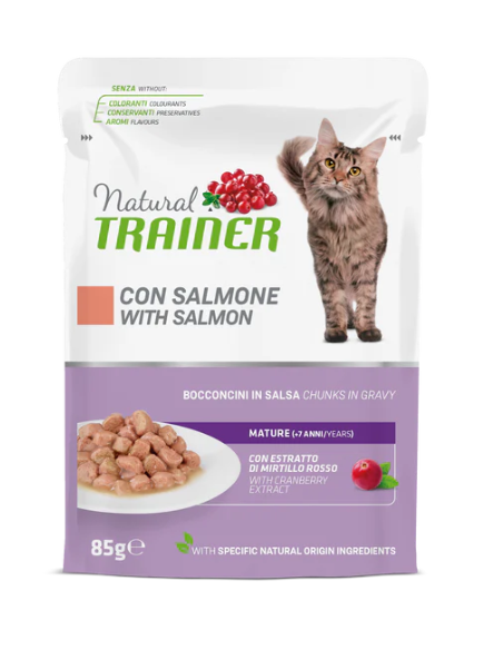 Natural Trainer con Salmone mature +7  busta gr 85. Cibo Umido per Gatti .