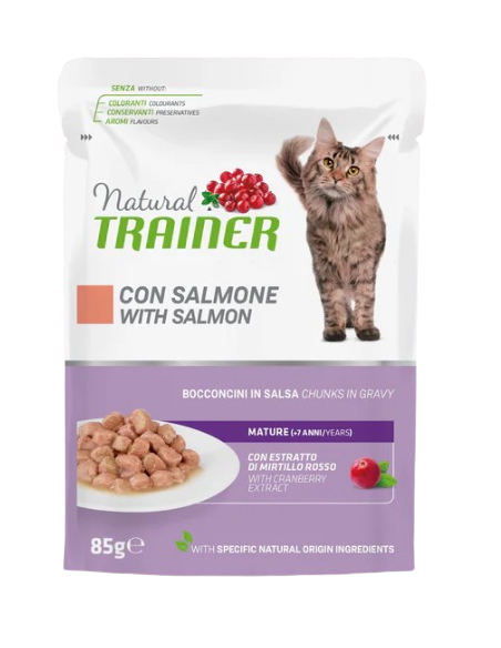Natural Trainer con Salmone mature +7  busta gr 85. Cibo Umido per Gatti .