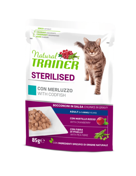 Natural Trainer Busta Gatto Sterilizzato con Merluzzo gr 85. Cibo Umido Per Gatti