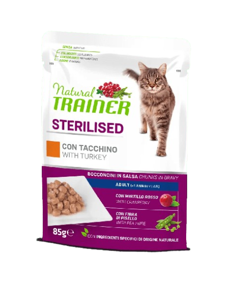 Natural Trainer Busta Gatto Sterilizzato Tacchino gr 85. Cibo Umido Per Gatti