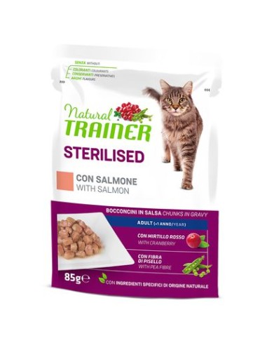 Natural Trainer Busta Gatto Sterilised Con Salmone GR.85. Cibo Umido Per Gatti