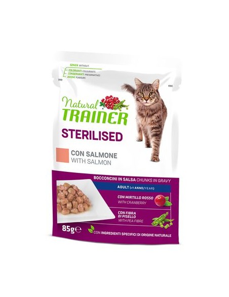 Natural Trainer Busta Gatto Sterilised Con Salmone GR.85. Cibo Umido Per Gatti