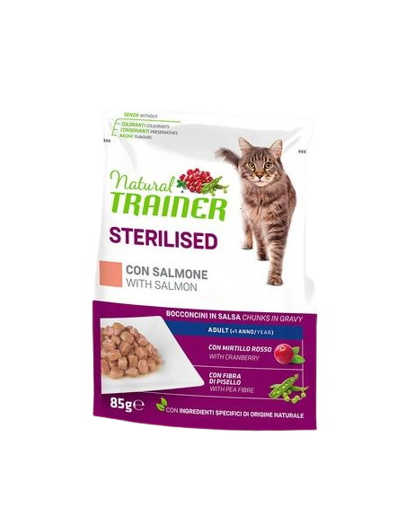 Natural Trainer Busta Gatto Sterilised Con Salmone GR.85. Cibo Umido Per Gatti