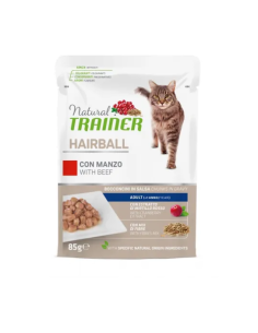 Natura Trainer Busta Gatto Hairball con Manzo gr 85. Cibo Umido Per Gatti