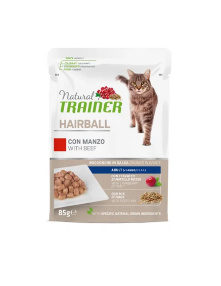 Natura Trainer Busta Gatto Hairball con Manzo gr 85. Cibo Umido Per Gatti