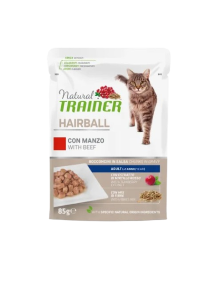 Natura Trainer Busta Gatto Hairball con Manzo gr 85. Cibo Umido Per Gatti