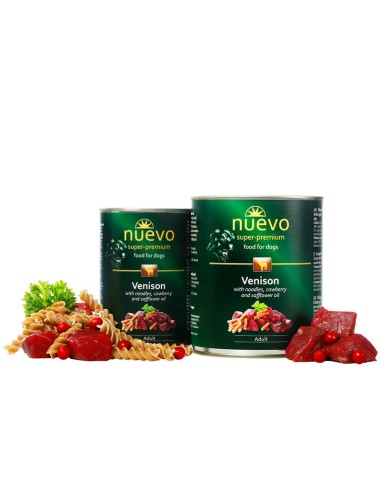 Nuevo Cane Super Premium Adult Cervos Ribes e Noodles 400 gr . Cibo umido per cani.