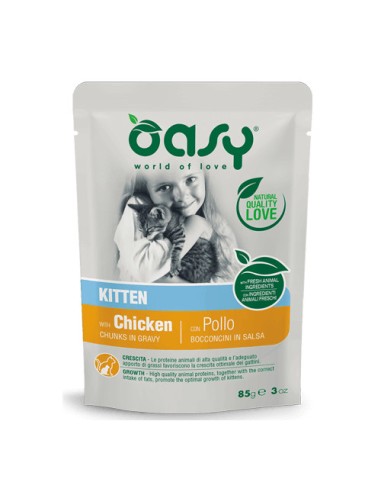 Oasy per Gatto Kitten con Bocconcini di Pollo in salsa da 85 gr. Cibo Per Cuccioli di gatto .