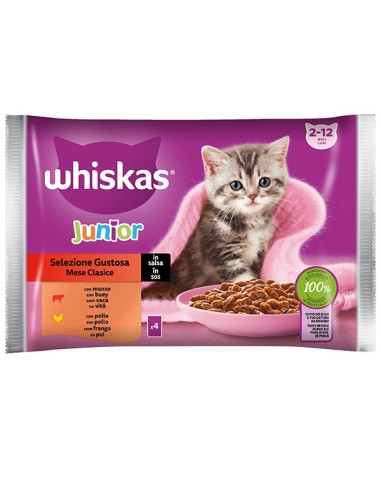 Whiskas Straccetti Junior Selezione Gustosa in salsa 4 x85 gr. Cibo Umido per cuccioli di gatto