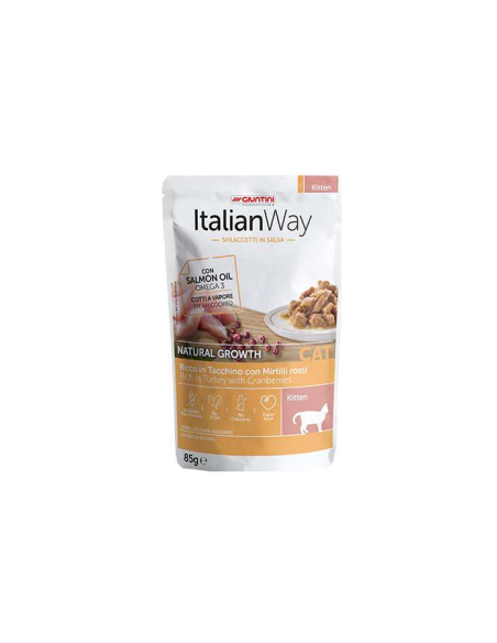 Italian Way kitten Tacchino con Mirtilli Rossi Sfilacc. in Salsa gr.85. Cibo Umido Per Cuccioli di gatto