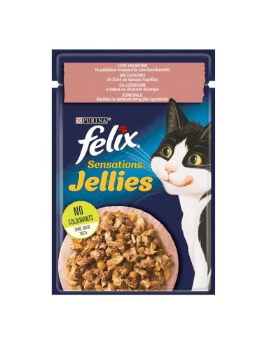 Felix Sensation Jellies con Salmone in Gelatina Con Gamberetti gr.85. Cibo umido per gatti