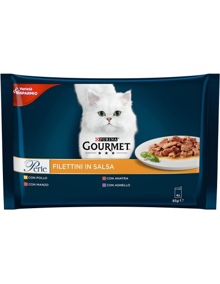 Gourmet Perle  multipack Filetti .in Salsa Manzo/Anatra/Agnello.e Pollo 4x85gr.Cibo Umid Per Gatti.