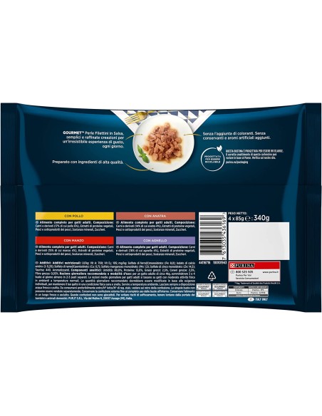 Gourmet Perle  multipack Filetti .in Salsa Manzo/Anatra/Agnello.e Pollo 4x85gr.Cibo Umid Per Gatti.