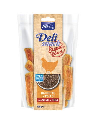 LIFE Dog Delisnack Superfood Barrette di Pollo con Semi di Chia gr.100.Snack Per Cani