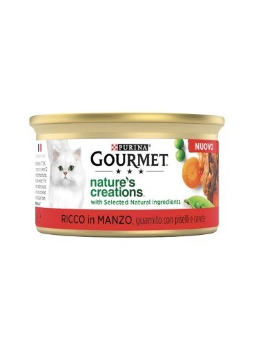 Gourmet Nature's Creation Manzo con piselli e carote 85 gr. Alimento completo per gatti adulti.