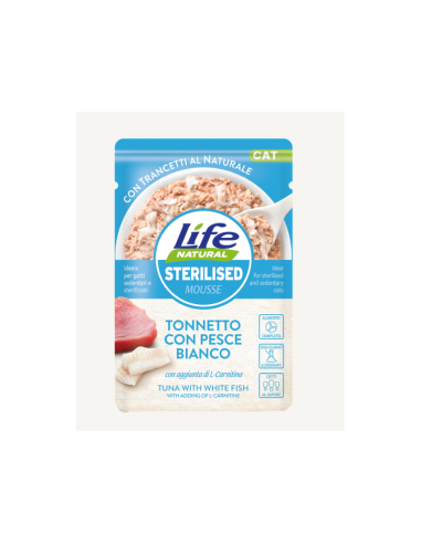 Life Cat busta Sterilised Tonnetto con Pesce Bianco gr.70. Cibo Umido Per Gatti.