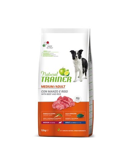 Natural Trainer Dog Medium Manzo Riso Kg.12 Cibo Secco Per Cani.