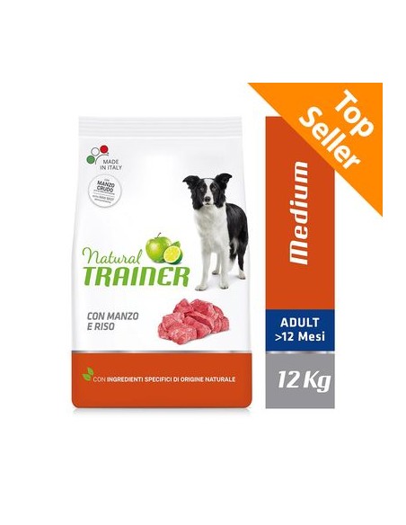 Natural Trainer Dog Medium Manzo Riso Kg.12 Cibo Secco Per Cani.