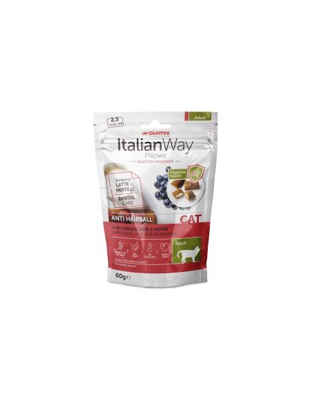 italian way Cat Pillows Anti Hairball con Manzo latte e Mirtilli gr.60. Snack per gatti