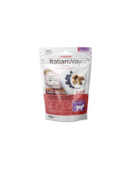 italian way Cat Pillows  Sterilizzato Manzo Latte e Mirtilli gr.60. Snack Per Gatti.