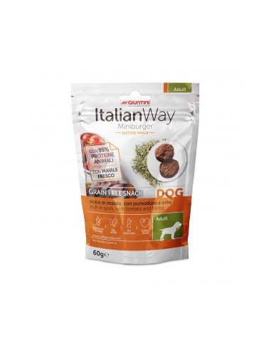 italian way dog Mini Burger con Maiale Pomodoro e Erbe gr.60 Grain Free. Snack per cani.