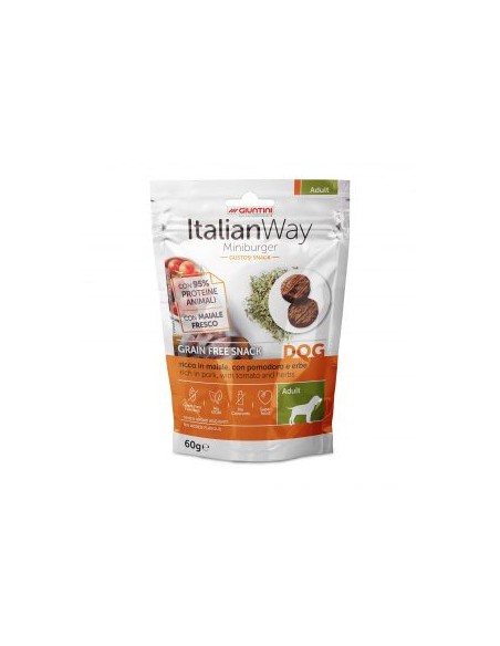 italian way dog Mini Burger con Maiale Pomodoro e Erbe gr.60 Grain Free. Snack per cani.