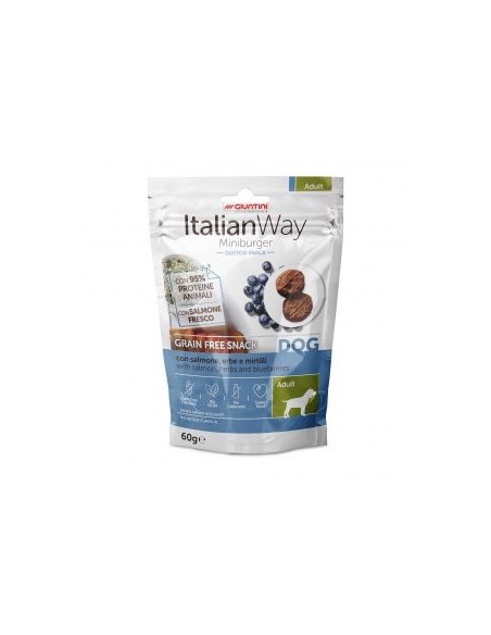 italian way dog Mini Burger con Salmone Erbe e Mirtilli gr.60 Grain Free. Snack per cani