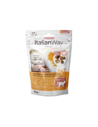 Italian way Pillows con latte, carni bianche e curcuma Grain free snack gr 60. Snack per gatti .