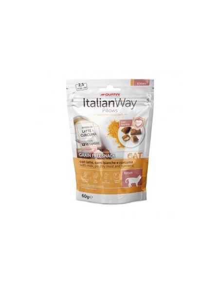 Italian way Pillows con latte, carni bianche e curcuma Grain free snack gr 60. Snack per gatti .