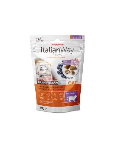 italian way Cat Pillows Sterilised Maiale Latte e Mirtilli gr.60. Snack per gatti .