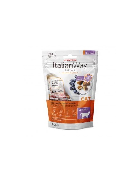 italian way Cat Pillows Sterilised Maiale Latte e Mirtilli gr.60. Snack per gatti .