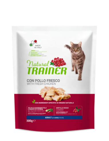 Natural Trainer Adult Con Pollo Fresco gr 300. Cibo Secco Per Gatti.