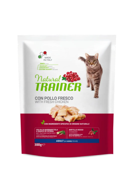 Natural Trainer Adult Con Pollo Fresco gr 300. Cibo Secco Per Gatti.