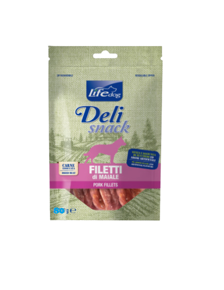 Life dog Delisnack Filetto essiccato di maiale gr 100. snack per cani.