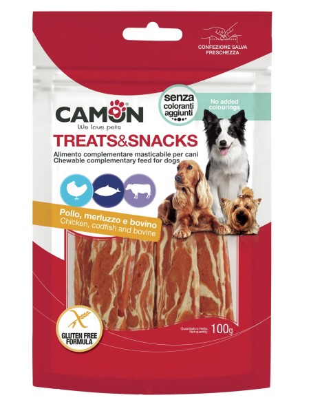 Treats and Snacks Chewy Stripes Pollo Merluzzo e Bovino gr 100. Snack per Cani