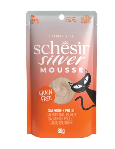 Schesir Silver Mousse Salmone senior gr.80.Busta. Cibo Umido per Gatti Anziani