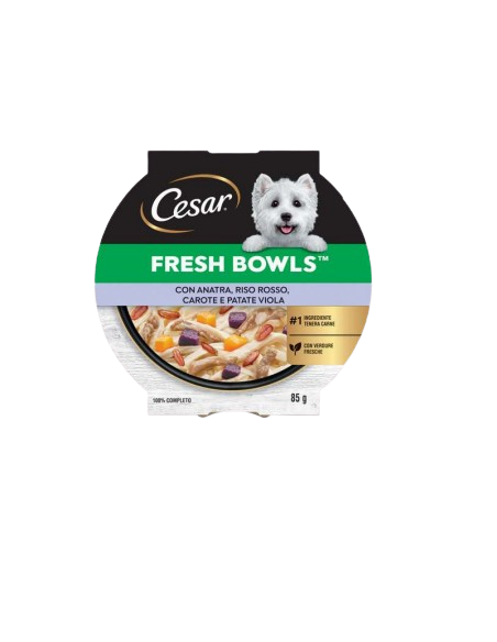 CESAR Fresh Bowls Anatra Riso Rosso Carote e Patate Viola  gr.85. Cibo Umido Per Cani