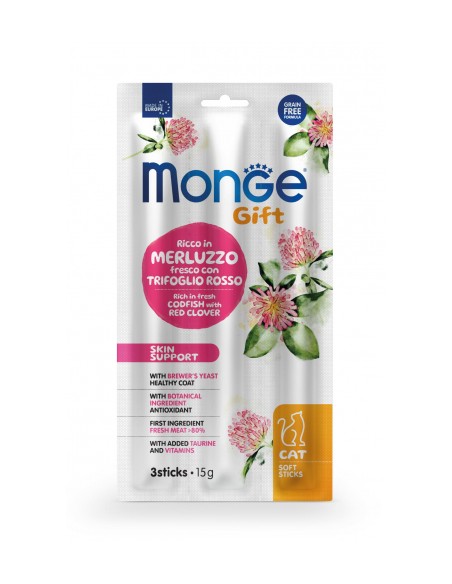 Monge Gift Cat Soft Stick Skin Support Merluzzo con Trifoglio gr.15. Snack per gatti.