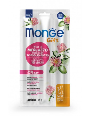 Monge Gift Cat Soft Stick Skin Support Merluzzo con Trifoglio gr.15. Snack per gatti.