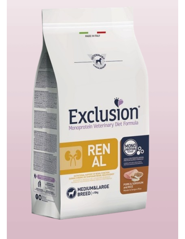 Exclusion Diet Renal Maiale Sorghum e Riso Medium  Large KG 12. Diete Cibo Secco per Cani