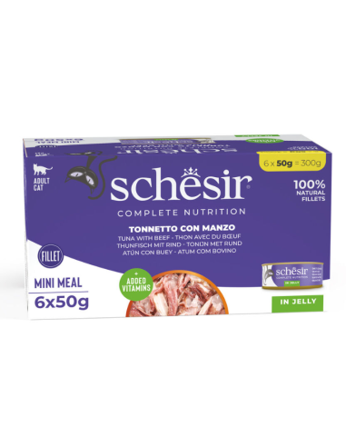 Schesir Cat Tonnetto con Filetti di Manzo 6x50 Gr. Cibo Umido per Gatti Adulti Pelo Corto